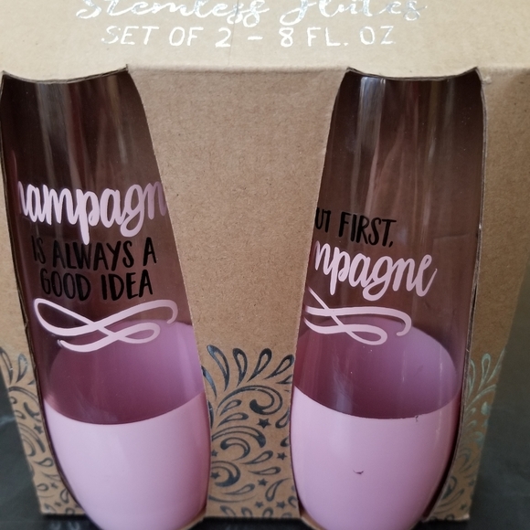 STEMLESS CHAMPAGNE FLUTES PAIR - PINK & CLEAR - NEW IN BOX SS1 - Picture 1 of 5